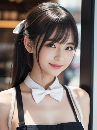 8K, Black velvet bunny girl costume, velvet, a 20 yo woman, Bokeh background, bokeh feeling, Girl's room, a smile, White Skin Skin, Cute little girl s, breasts on table, White choker and black bow tie, White cuffs, Hair Between Eyes