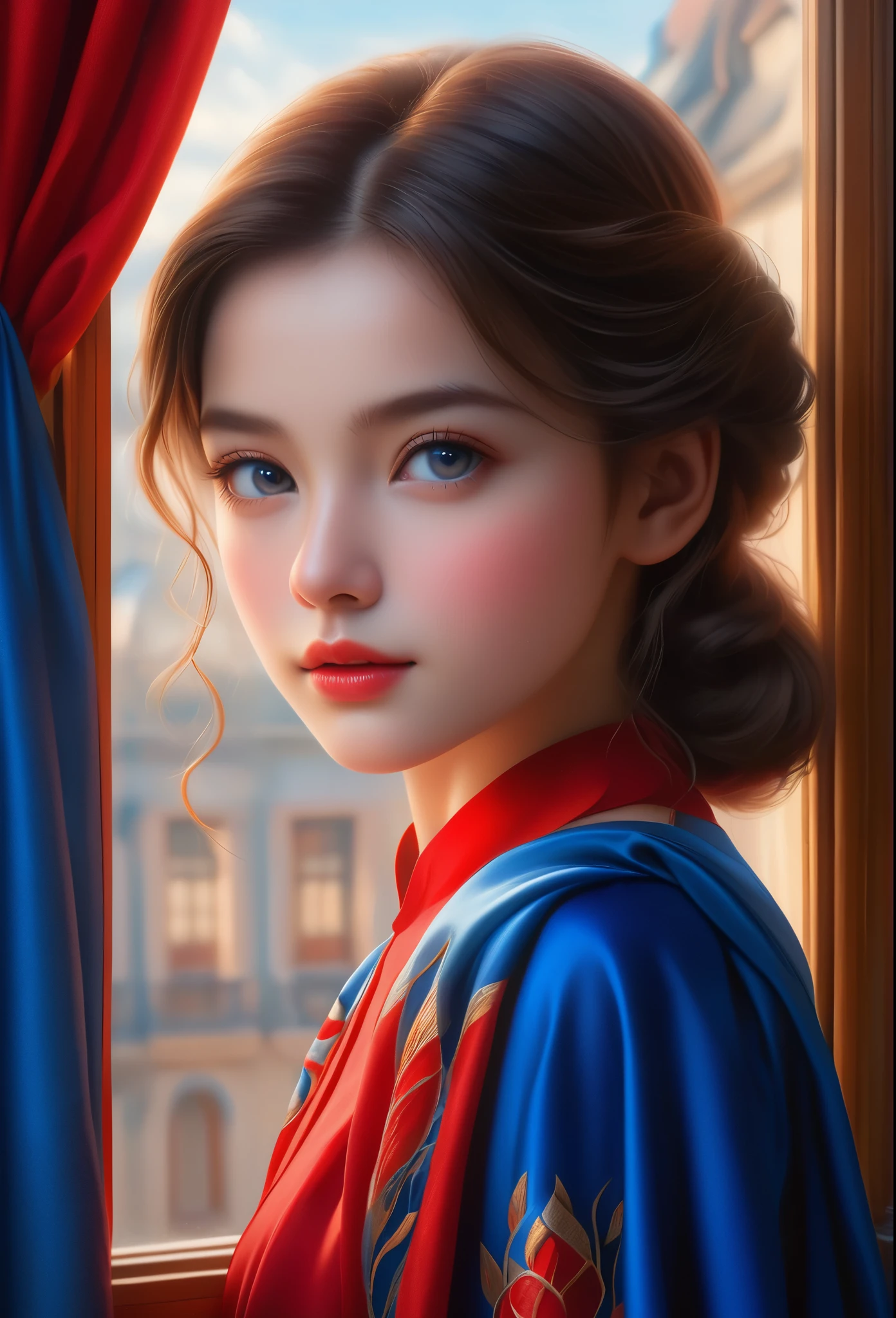 (best quality, 4K, 8 k, high resolution, masterpiece: 1.2), (super detailed, Realistic, Photorealistic:1.37)Charming young girl, donning a vibrant ensemble of red and blue, stands in front of the window with a spirit of firmness and determination. Her charming eyes are carefully crafted., capturing every shimmer and depth, while her lips are distinguished by a meticulous beauty, which is both captivating and attractive. The level of detail extends to her entire face., every contour and feature is carefully reproduced to perfection, creating a sense of hyperrealism, which attracts the viewer. 

Girl&#39;s outfit, resembles oil painting, a work of art in itself. Factory, skillfully crafted, to resemble bright brush strokes, adds dynamism to its overall appearance. , you can see the whole bare back, and a bare ass, you can see the legs, full height, whole body. This is a true reflection of the artist&#39;s talent., demonstration of skill, (nsfv:1.5), bun hairstyle, (beautiful nipples:1.2)