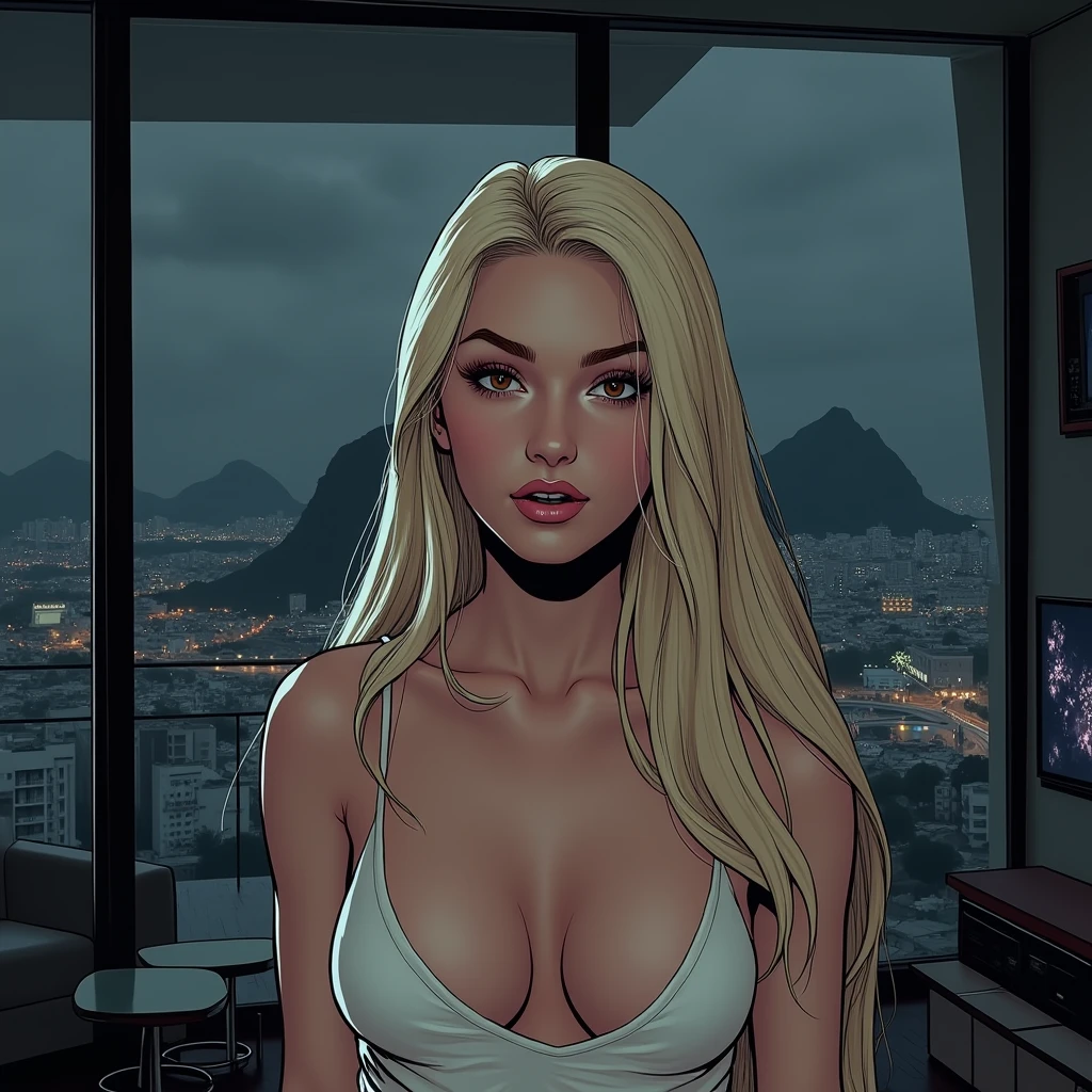 qualidade absurda. natural  lighting. hiper-realismo. Fantastic illustration. ninja mulher toda de vermelho, cabelo loiro, kneeling on top of a building with the city of Sao Paulo, in the nighttime, com a lua cheia ao fundo.