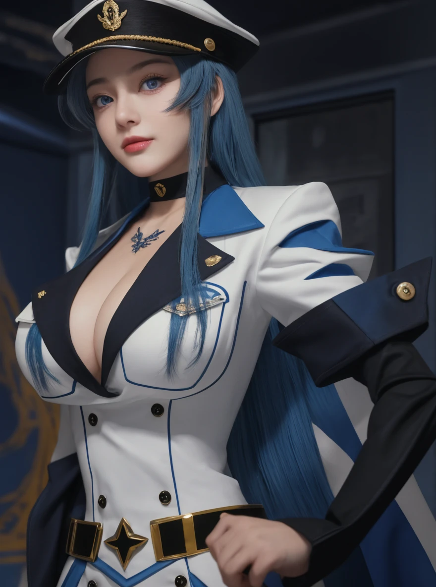 Blue Hair,Blue Eyes,Long hair,Big breasts,Woman in police uniform,Mature face,Royal sister