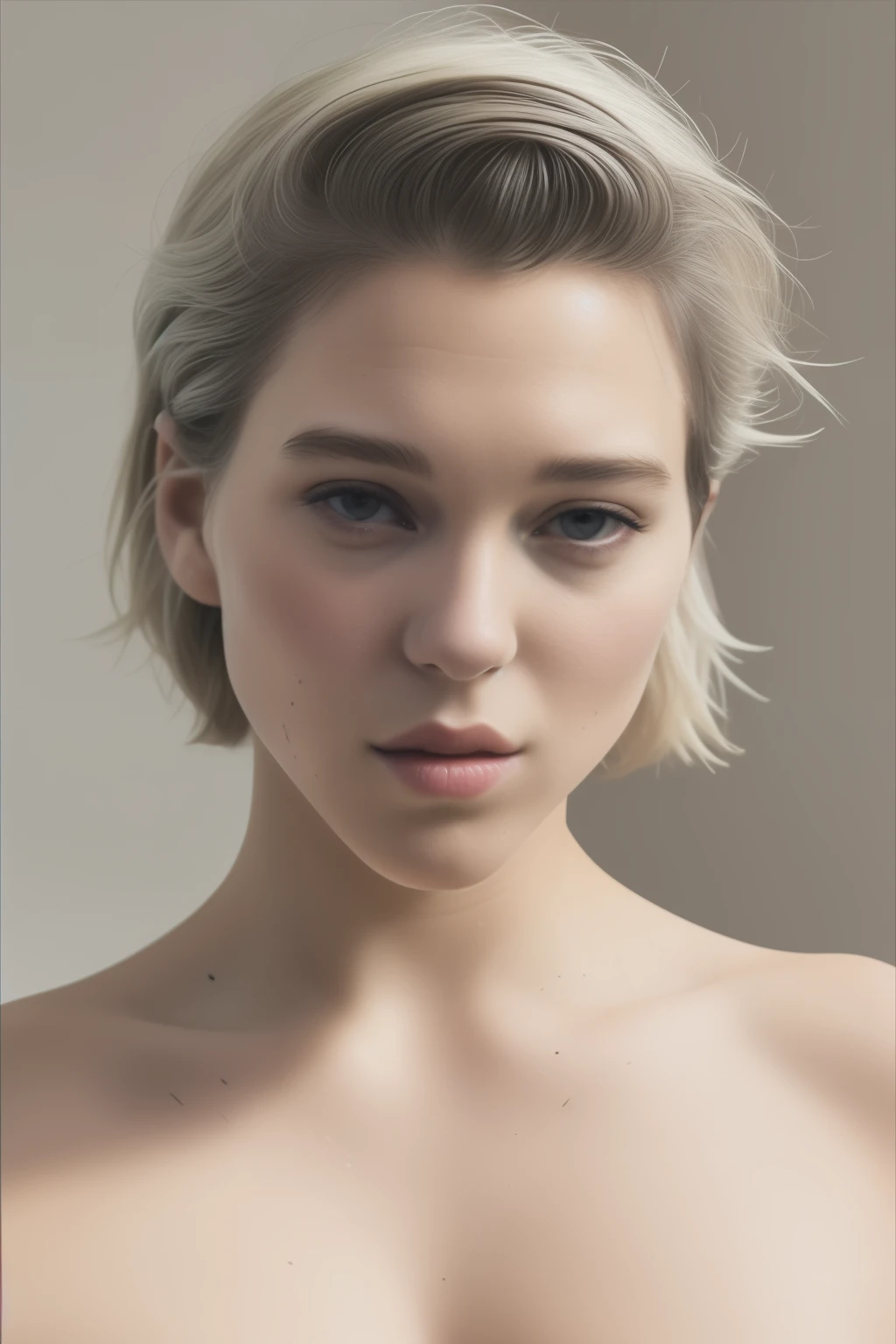 1girl, photorealistic, photo of mariahiwaga, (ugly face:0.9), middle age, black eyes, ((crew (blonde) cut hair)), short hair, a 35-year-old woman, body of 35-year-old woman, flat chested, ((realistic nipples)), BREAK, ((full body)), ((background: art studio)), ((she's nude)), dynamic pose, smiling, seductive, BREAK, to8contrast style, (dimly lit, low lit, deep focus, harsh shadows), (dark scene:1.2), realistic lighting, ((looking at viewer))