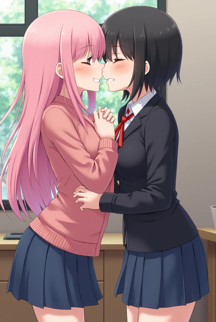 (holding face:1.4) (tongue in mouth:1.3) faces in profile:1.2) (lesbian kiss:1.4) (two girls:1.2)