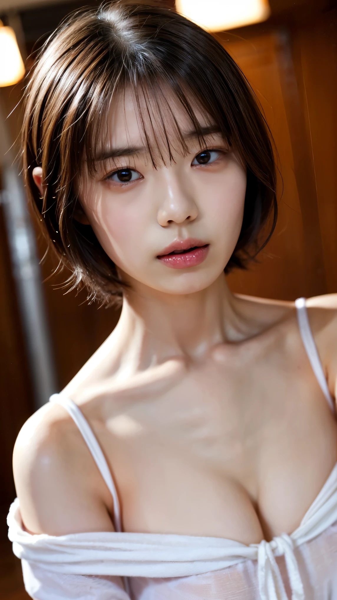 Highly detailed CG Unity 8k wallpaper, 最high qualityの, super detailed, table top, realistic, photographのように写実的な, highly detailed beautiful actress, 27 years old、sexy、short hair、delicate body、Upper body , (armpit) , (Sweat) , Pink silk camisole , in the gaming room, lights out, computer, Unusual low angle, high quality, (photograph, realistic)