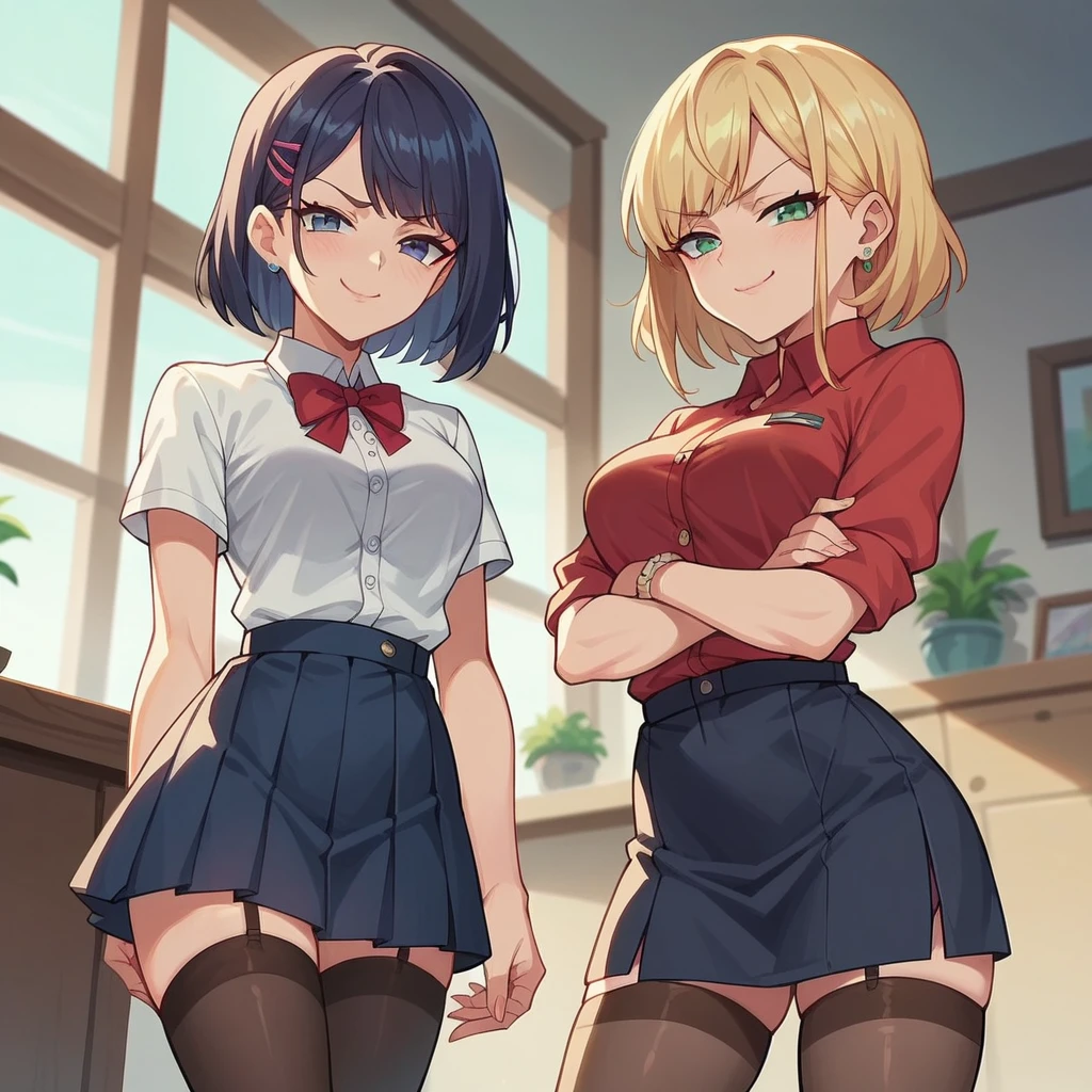 2 Different women  , smug, stockings, skirt, blouse, cartoon screencap, closed mouth, Stand on the steps, Modern college, looking at viewer, straight hair, Different heights