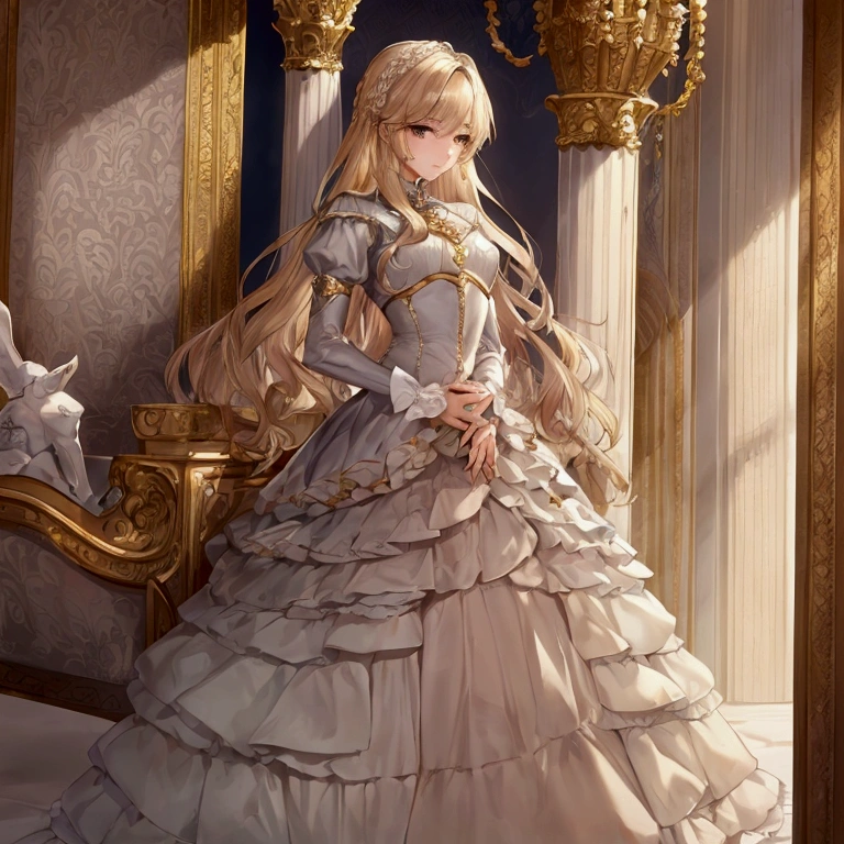 Blonde woman in long dress sitting on stone floor, blonde princess, Kusart Krenz key art feminization, art station Pixiv on Güvez, crazy detail, intricate detail, super detail, super high quality, high detail, super detail, 3D, Güvez on Pixiv art station, beautiful fantasy queen, anime fantasy artwork, (((beautiful fantasy queen)), 8K high quality detail art, Guwiz masterpiece, masterpiece, best quality, 8k,