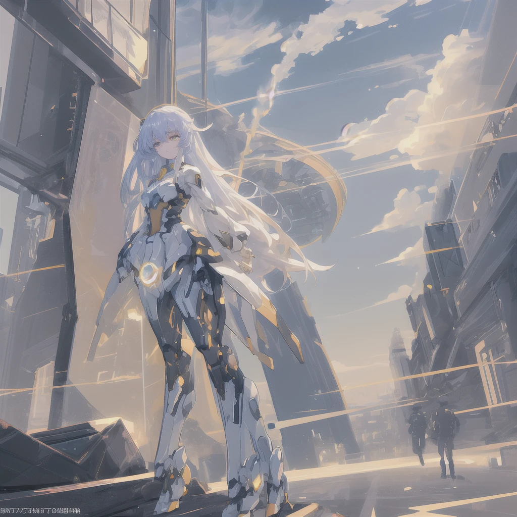 Sky, cloud, Keep_arms, No_human, [girl shines, , architecture, luminous_Eye, Mecha, Science fiction, [City, Reality, Mecha, whole body anime style, 