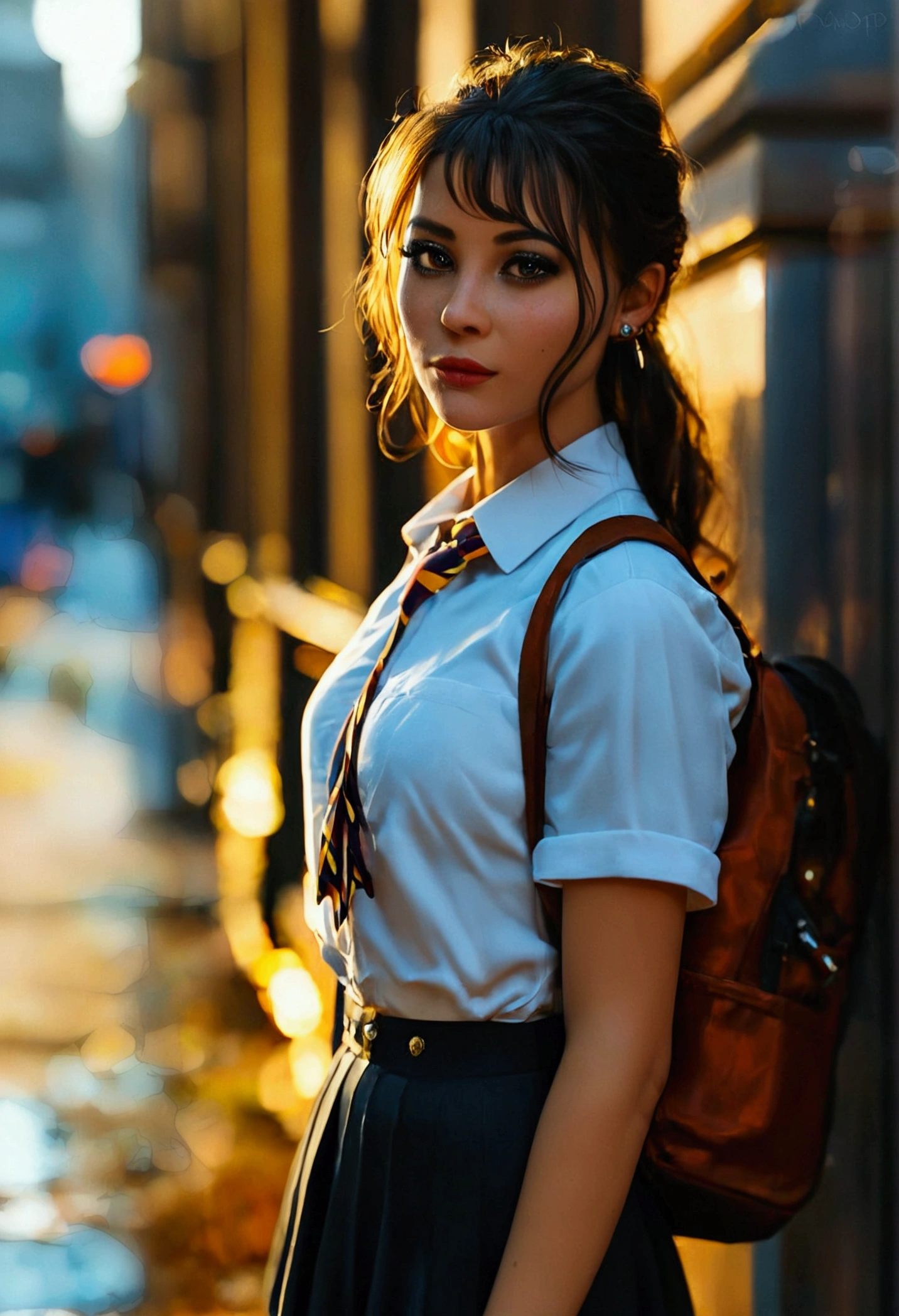 score_9, score_8_up, score_7_up, Candid photography, random Photoshoot, Streer Photography, An 1 young girl with a hourglass body, wearing a school uniform (palid short skirt and white shirt), university student, standing provocatively on the street in London city, her uniform soaked, naughty expression bustling urban environment, natural sunlight casting a warm glow, composition capturing her bold pose and the lively atmosphere, mid-shot framing her upper body and surroundings.