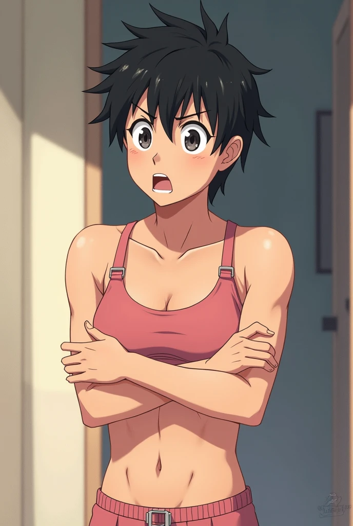 1girl, solo,araragikaren, looking at viewer, egg hair ornament, side ponytail, blushing, breathing heavily, ((blushing)), (sweaty), perky nipples, slender, exposed stomach, naked stomach, dark brown hair, pants down, wearing a headband, training bra, yellow sports bra,
white panties, downblouse, medium breasts, middle part, trees, forest, flowers, rocks, covering her breasts, (pubic hair), (pubic hair peek:0.6), (((pubic hair)))
in the bathroom,<lora:pubic_hair_peek_v3_lbw:1>,