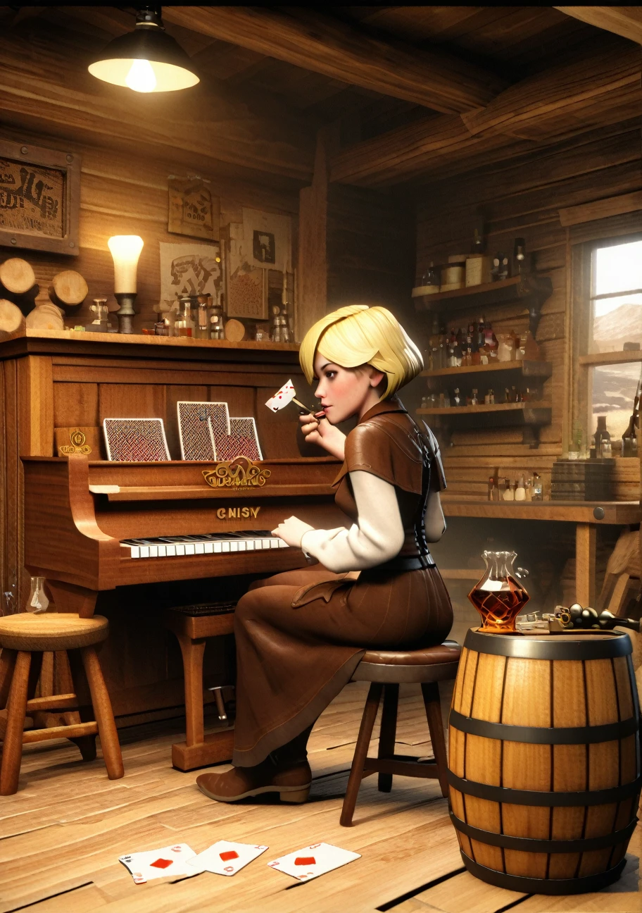 Short Haired Female Cowboy in a Saloon in the Old West,Blonde,Sitting,Smoking Pipe,Table Wisky,Piano,6 Bullet Revolver,Barrel,Table,Playing Cards,Dust,Artwork,3D,4K,Detailed,Realistic