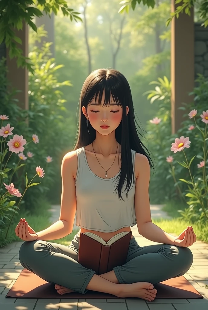 A girl sits on the grass meditating,The sun was shining on her