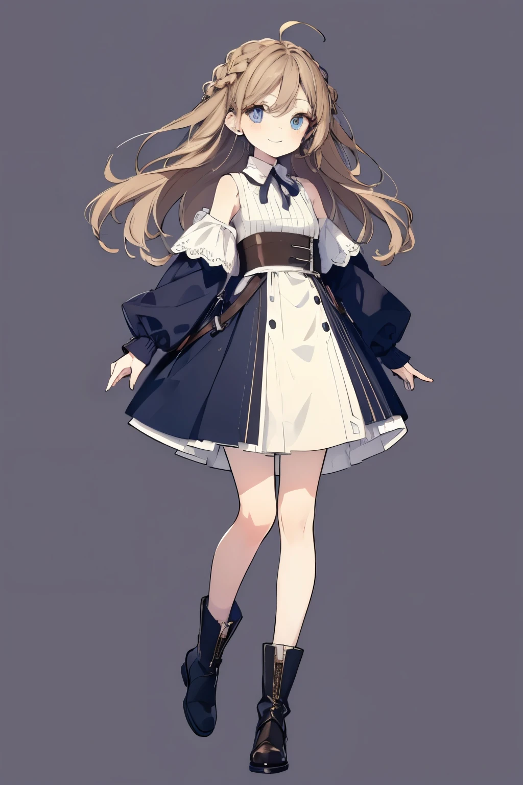 High resolution, Best Quality, masterpiece, Ultra-precision,Full body portrait,Character Portrait,One girl, solo,adult,Look at, Beautiful Face,((Light brown hair)),Ahoge,Straight bangs, Hair blowing in the wind, Hair behind ears,Braids,Long Hair ((Dark blue eyes)),Fine slanted eyes,Long eyelashes,smile,Knee-length dress,Scandinavian style clothing,tights,Short boots,Slender figure,Simple Background,Concept Art, 