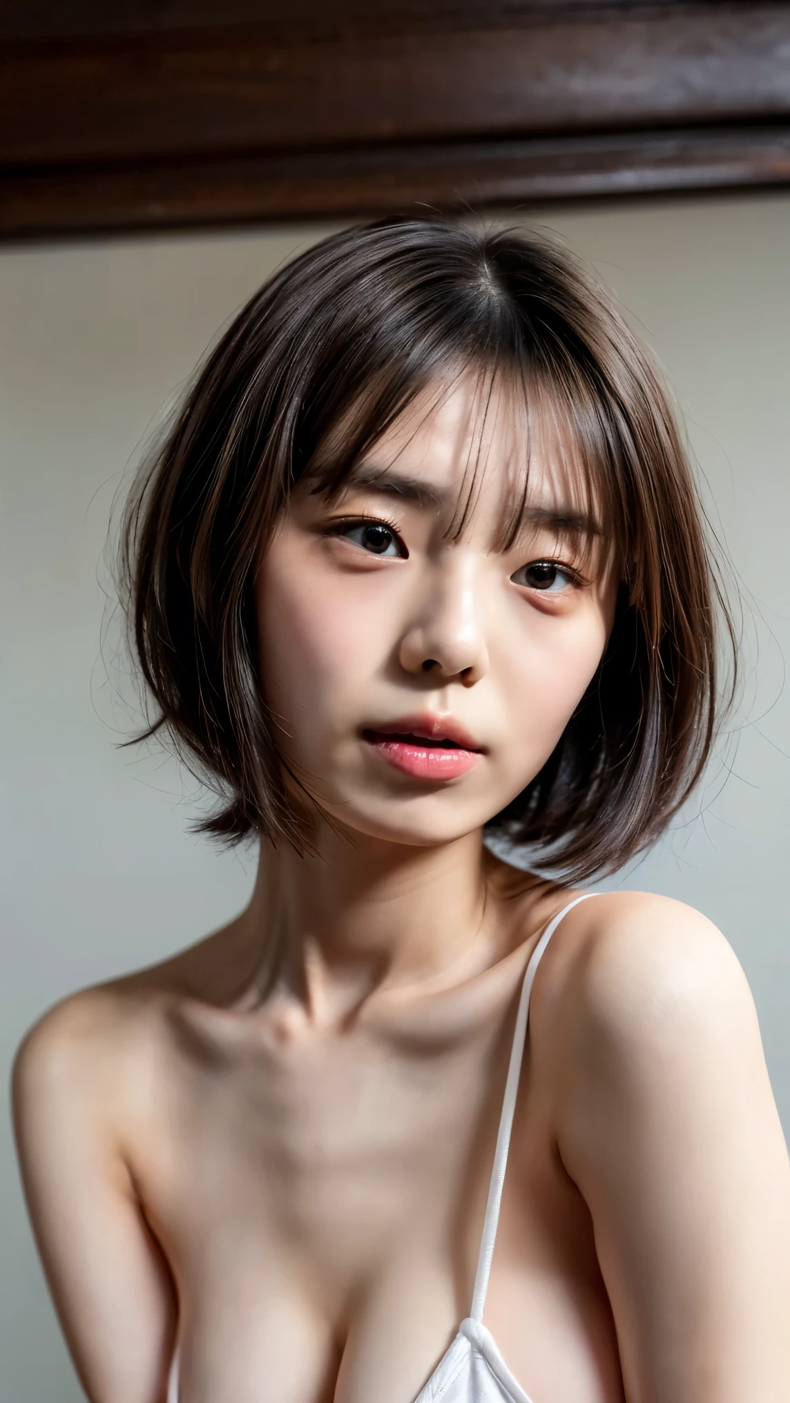 ((Petite women, Sensual woman, No makeup, 柔らかい笑face)), (((Small eyes, Long, narrow eyes, Black Hair, Short Bob Hair))), (Full body portrait, Short Hair, Small breasts, Wearing a white T-shirt, Protruding nipples, Thick pubic hair), White skin, Glossy pale lips, skinny, Body Type, Delicate and sexy collarbone, Best Quality, RAW Photos, Realistic, face, so beautiful, cute, Depth of the written border, High resolution, 超detailed, detailed, Very detailed, extremely detailed eye and face, Sharp pupils, Sharp focus, Cinema Lighting