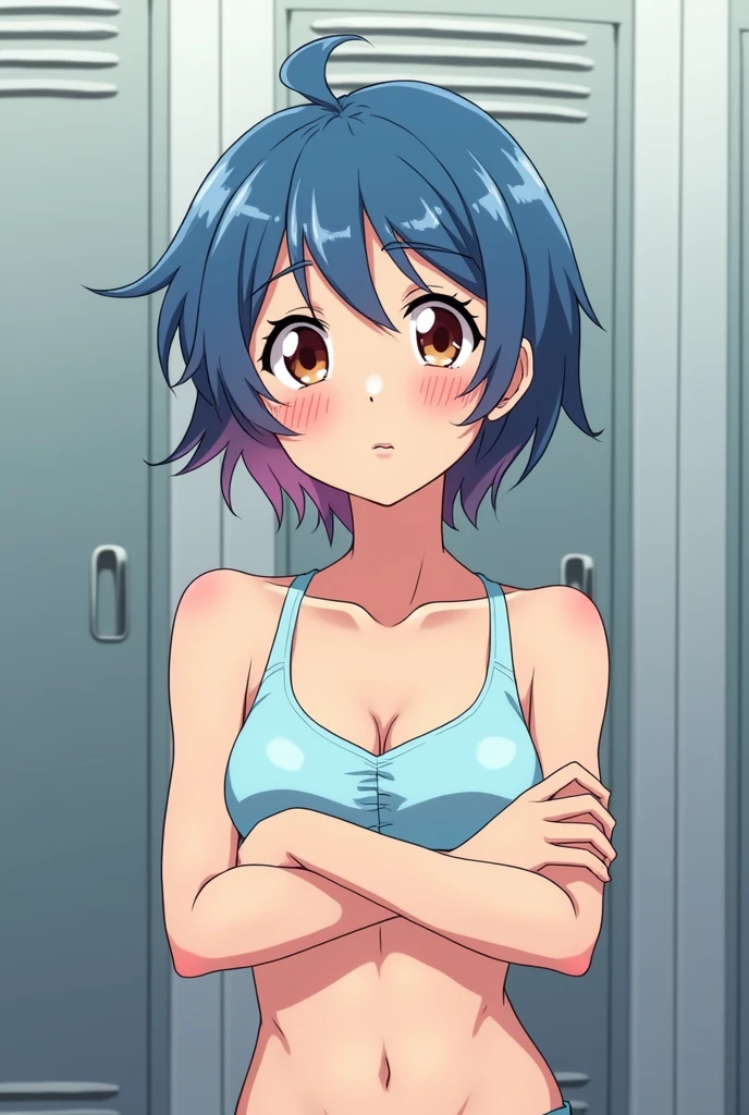 nsfw,Viewer Caution,One girl,komachihikigaya, komachi ,short hair, Black Hair, hair ornaments, Ahoge, Hair Clip, x hair ornaments, 
ribbon,locker room,stand,Green bra,naked,Female organ,pussy,vagina,from the front,Show the whole body,Cowboy Shot,smile,Calf,Beautiful legs
