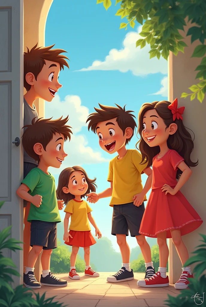 Three happy children saying goodbye One dark hair One blonde girl And one dark hair