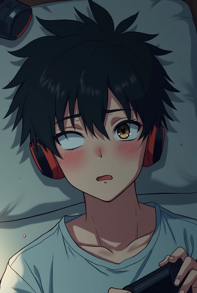 Teenage boy, short black hair, with bangs covering the right eye, wearing black emo clothes, wearing a cap and headphones,  holding a Sonic doll, with a sad face, lying on a bed.