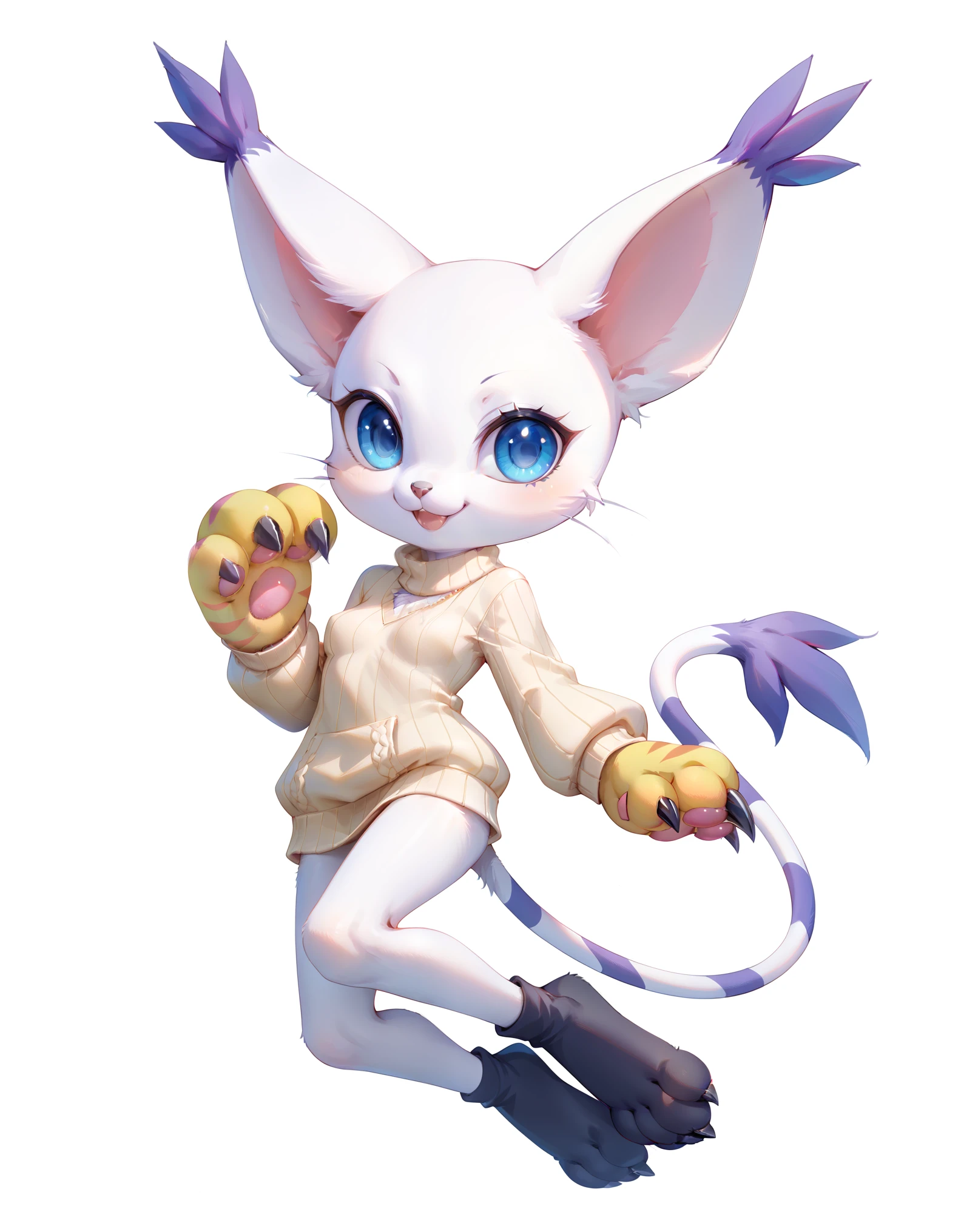 score_9, score_8_up, score_7_up, rating_safe, gatomon black, wild, (digimon), solo, alone, looking at viewer, blue eyes, black fur, striped tail, gloves, paw shaped gloves, paw pads,, digital_media_(artwork) hi_res, beautiful, anthropomorphic, furry, female, slim, slender, small breasts, cute, big sweater, blonde fur, beautiful blue eyes, smile, alone, nsfw, black Gatomon, Black Tailmon, no pants, white background