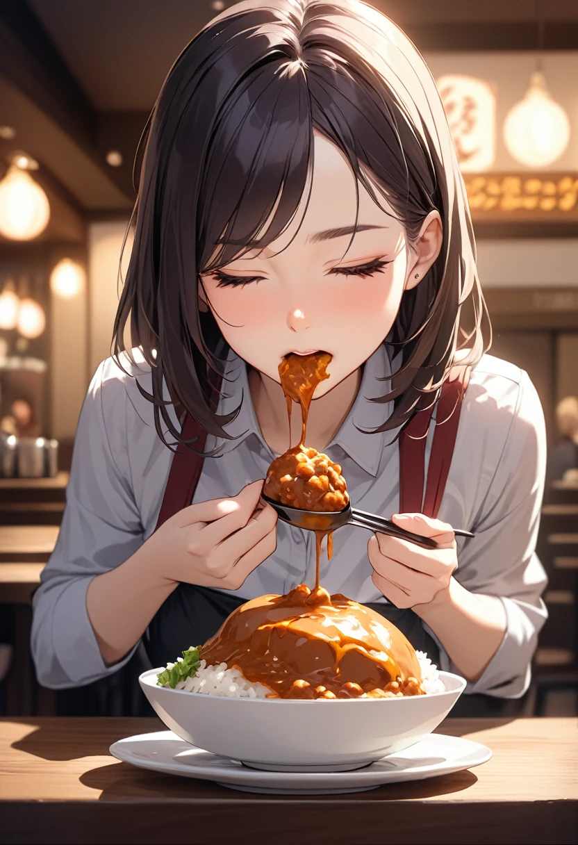 girl, solo, breasts, looking_at_viewer, smile, open_mouth, bangs, large_breasts, brown_hair, holding, brown_eyes, nipples, upper_body, nude, food, teeth, indoors, black_eyes, cup, table, plate, bowl, chopsticks, pov_across_table, ryokan, BREAK 2D, 8k, highres, masterpiece, super fine illustration, photo background, insanely detailed, blurry background, depth of field, natural light, soft lighting, perfect fingers, nice hands, perfect hands,((cum on body:1.9, cum on hair:1.9. cum on face:1.9, cum on mouths:1.3，cum on table 1.9)),multiple boys, peeing on a girl, facial, cum on mouth, cum on body, multiple penises, gangbang,holding penis))),ecstasy torogao, saliva trail, nose blush,smile,