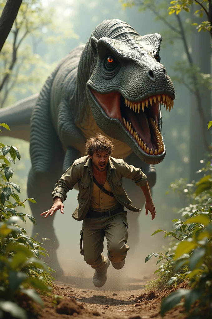 Create a hyper-realistic image of a strong and robust animal tamer in his 40s, dressed in modern safari attire, with cargo pants, sturdy boots, and a long-sleeved khaki shirt. He is feeding a towering T-Rex directly into its mouth, confidently extending his hand as the gigantic dinosaur tilts its head towards him. The tamer’s expression is calm and in control, while the T-Rex displays a quiet but alert demeanor. The background is a lush jungle filled with dense vegetation, tall trees with hanging vines, and soft light filtering through the foliage, creating a mystical and natural ambiance. The image should capture every detail with stunning realism, from the T-Rex’s scales to the textures of the tamer’s clothing and the lushness of the jungle. 16:9