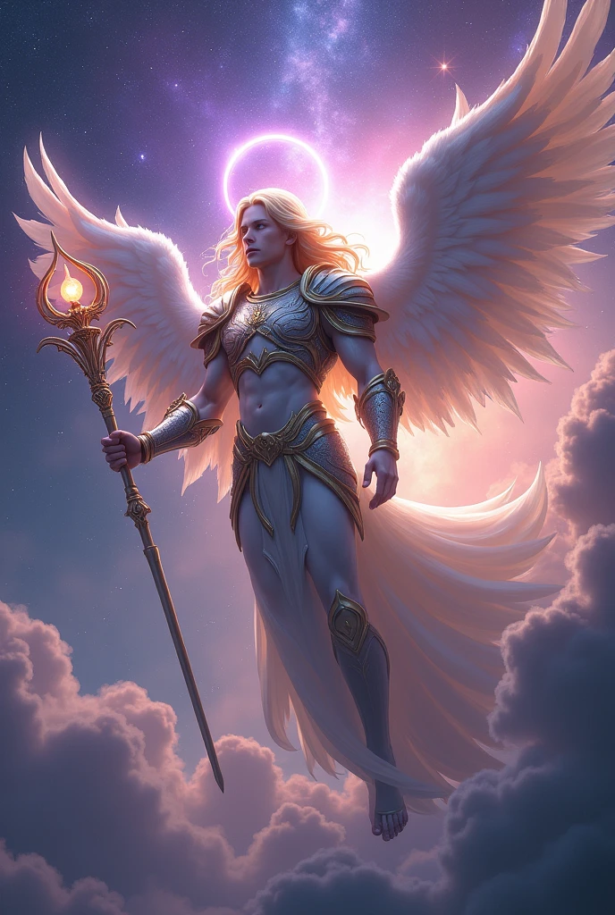 Long haired male angel with scepter armor and purple halo floating in ...