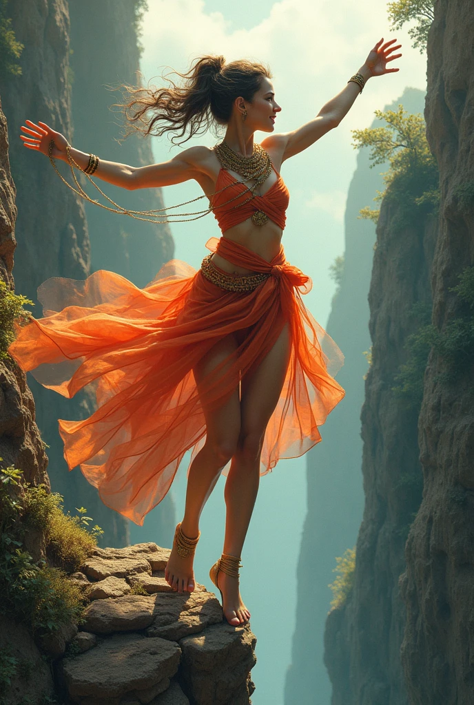 woman dancing barefoot, slave outfit, full body, illustration, color, bob haircut, barefoot, Jordan grimmer and Greg rutkowski, small breasts, blonde hair ponytail, cave background, watching berserker, hyperrealism, strong impressionist painting style, 1,618, elegant, ethereal, intricate, elaborate, hyper-realism, hyper-detailed, strong expressiveness and emotionality, cinematic lighting, visual clarity