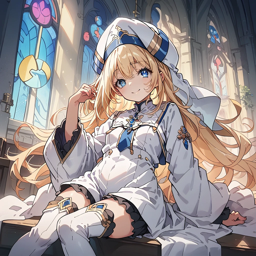 Priestess, 1 girl, solo, Blonde, Long Hair, blue eyes, White Dress, white hat, White thigh-high boots, black frilly shorts、Inside an empty church、Smile、Small Breasts、Baby Face Break Masterpiece、Beautiful attention to detail:1.2, Perfect lighting, (perfect hand, perfect anatomy), Precise depiction、Vibrant colors 