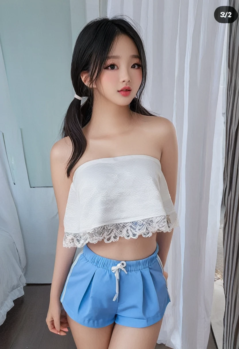 ((best resolution)), ((high quality:1.2)), work of art, 8k, extremely detailed, ((high detail:1.2)), (HotLexi Woman), Solo, young Korean Ulzzang women, (mini-shorts, strapless cropped top), (Beautiful and perfect face:1.23),