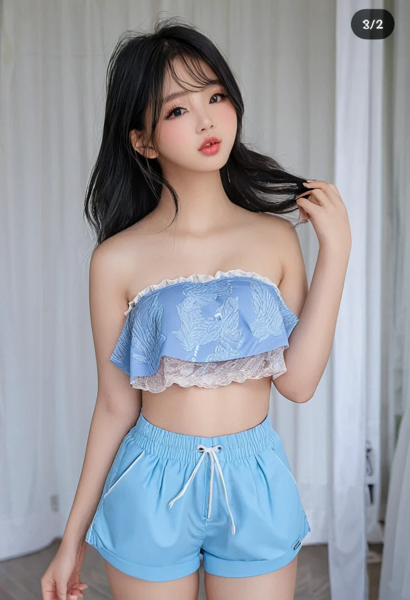 ((best resolution)), ((high quality:1.2)), work of art, 8k, extremely detailed, ((high detail:1.2)), (HotLexi Woman), Solo, young Korean Ulzzang women, (mini-shorts, strapless cropped top), (Beautiful and perfect face:1.23),