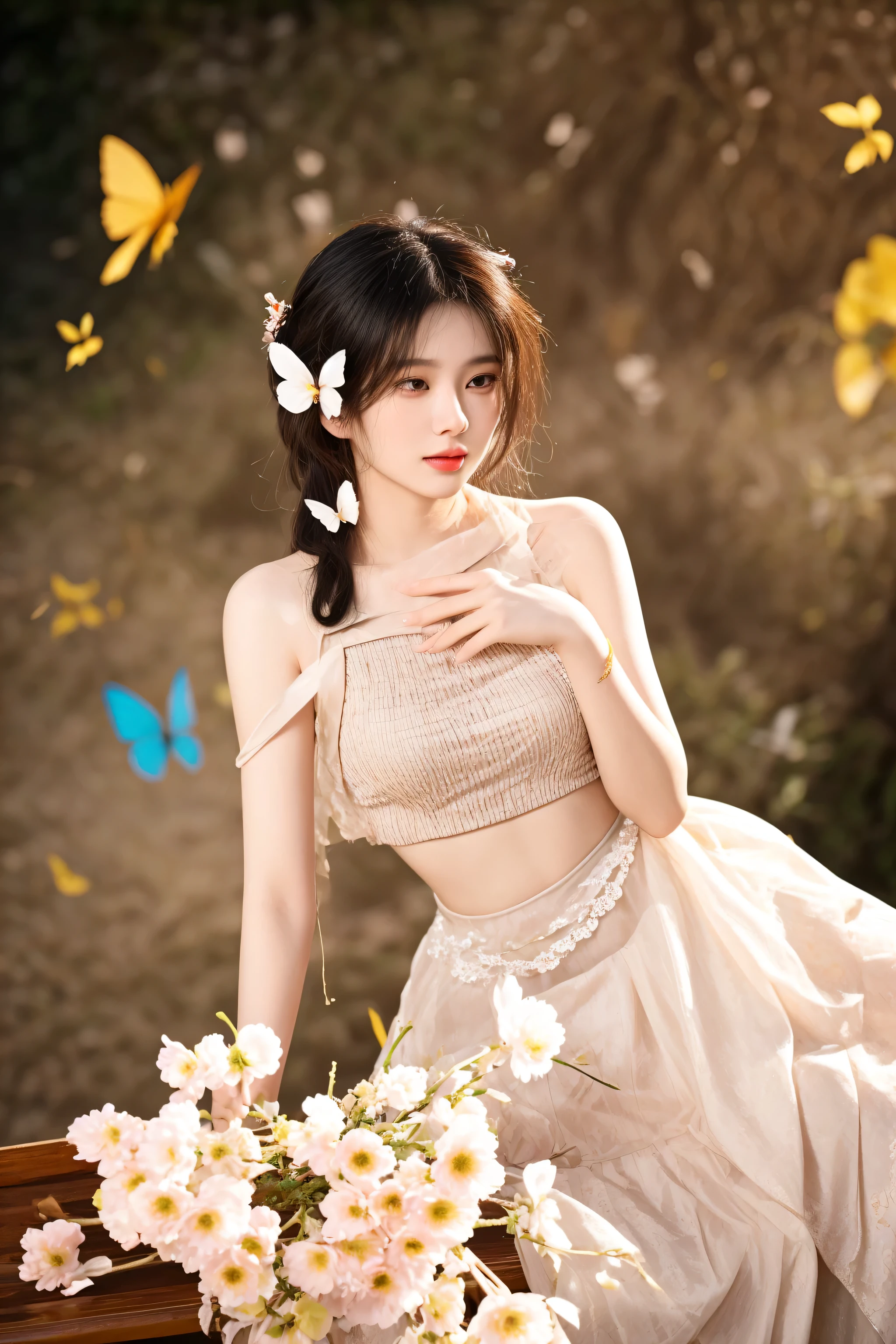 araffe woman sitting on a bench with butterflies flying around her, fantasy photoshoot, ethereal beauty, a stunning young ethereal figure, inspired by Chen Yifei, beautiful adult fairy, chinese girl, inspired by Tang Yifen, beautiful fantasy maiden, gorgeous young korean woman, gorgeous chinese model, by Yang J, beautiful young korean woman, fantasy beautiful, by Leng Mei