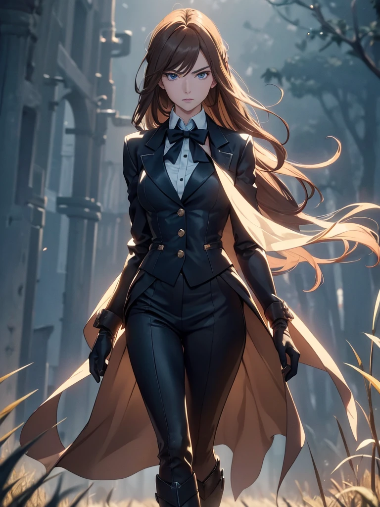 (8K, ultra detailed, stylized, realistic:1.3), 1 elegant anime woman, long hair, smooth and light brown, with a serene and confident expression, Blue eyes. He is wearing a dark blue two-piece formal suit., with black leather gloves, white shirt with bow, and long riding boots in dark brown. Walk confidently down a country road with golden fields on either side, under a clear sky, illuminated by the soft light of dusk.