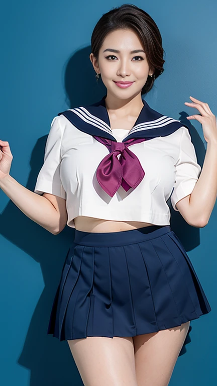 4K、Japanese Mature、(4:1.6)、 (((Plump figure、Large Breasts、Emphasizes plump thighs:1.2)))、(Earrings)、((High School Uniform、Sailor suit、neckerchief、Super short mini skirt:1.3))、(High heels:1.2)、 Standing、Plain background、(High heelsから頭まで全身を撮影:1.2)、Shoot the front 