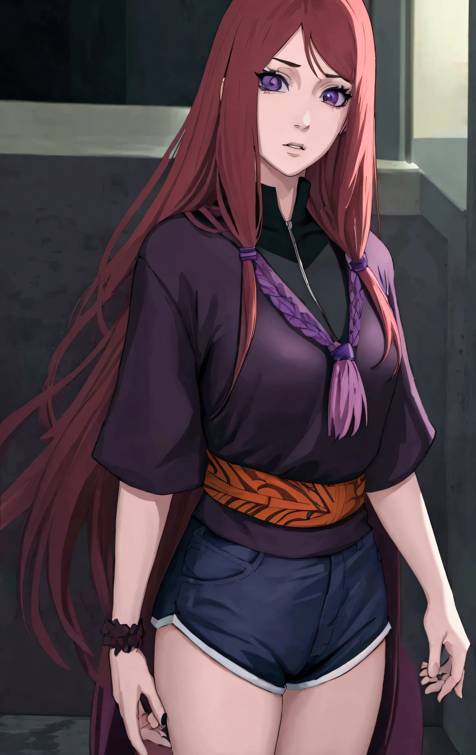 beautiful detailed eyes, beautiful detailed lips, extremely detailed eyes and face, long orange hair, purple eyes, 1girl, black shorts, purple blouse, anime style, cute, kunoichi, konohagakure bandana, best quality, 4k, 8k, highres, masterpiece:1.2, ultra-detailed, realistic, photorealistic:1.37, HDR, UHD, studio lighting, ultra-fine painting, sharp focus, physically-based rendering, extreme detail description, professional, vivid colors, bokeh
