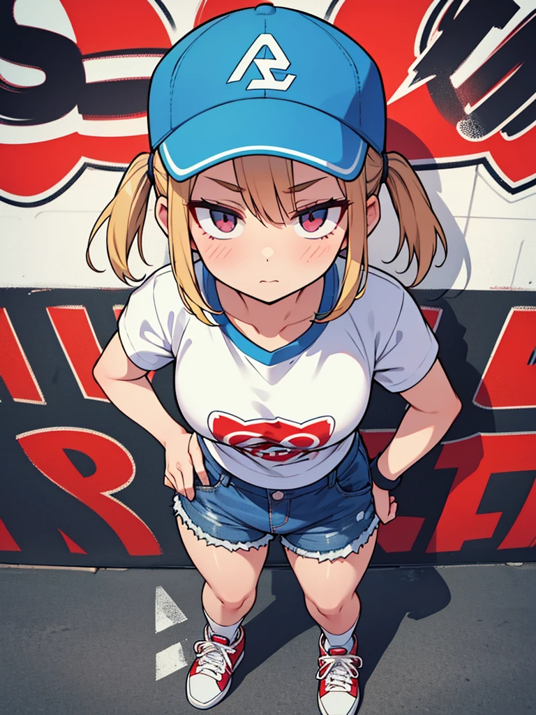 woman, serious expression, short-sleeved t-shirt, hat with visor hanging on hip, perspective from above, photo from above, girl with skater knee pads, sneakers, cool pose, epic, wide hips, medium breasts, empty handsPechos, sobrero atado a la cadera , cuerpo atletico , sexy, shorts tipo jean , rodilleras de skater  , camiseta larga de mangas cortas , caderas anchas , trasero atletico , sexy, rodilleras protectoras , usando mascarilla , cubre bocas , mask , epic pose