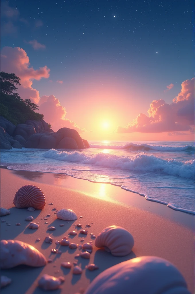 No person、a moon、Pastel sky、Soft pink clouds、Pink ocean waves sparkle、glinting、blue sea、Fantasia、Diamonds、、kosmos、Soft light、top-quality、8k、hight resolution、