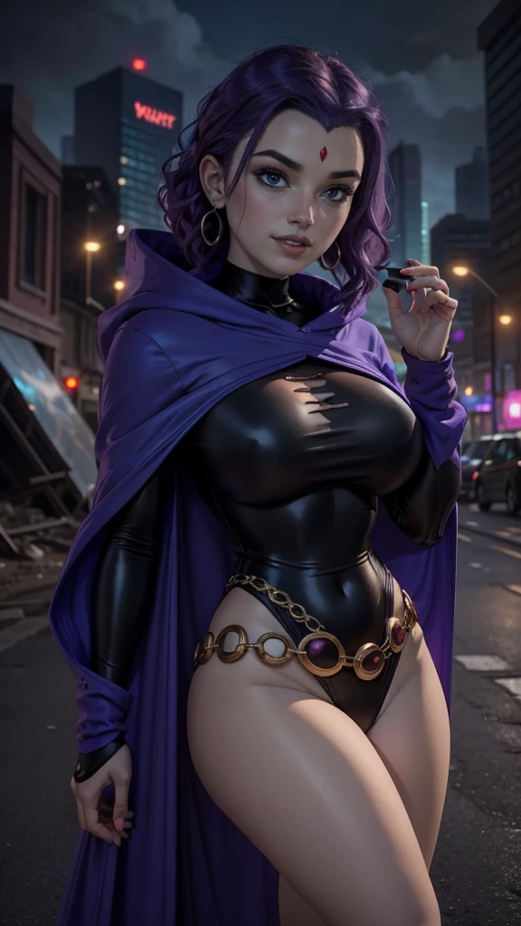 Raven da DC,(best qualityer,4K,8k,high resolution,work of art:1.2)(weather: windy), abandoned city background, city ruins, short curly hair, purple hair, long white hooded cloak, white long sleeve leotard, white thigh high boots, rings, loop earrings, concho chain belt, goth makeup, stretching out pose, ultra detailed,portrait,realistic,beautiful detailed purple eyes, beautiful detailed lips,extremely detailed eye and face, long eyelashes,average, large breasts,flying hair,beaming smile, sexy smile,powerful girl, bright coloured, dramatic lighting, torn clothes,