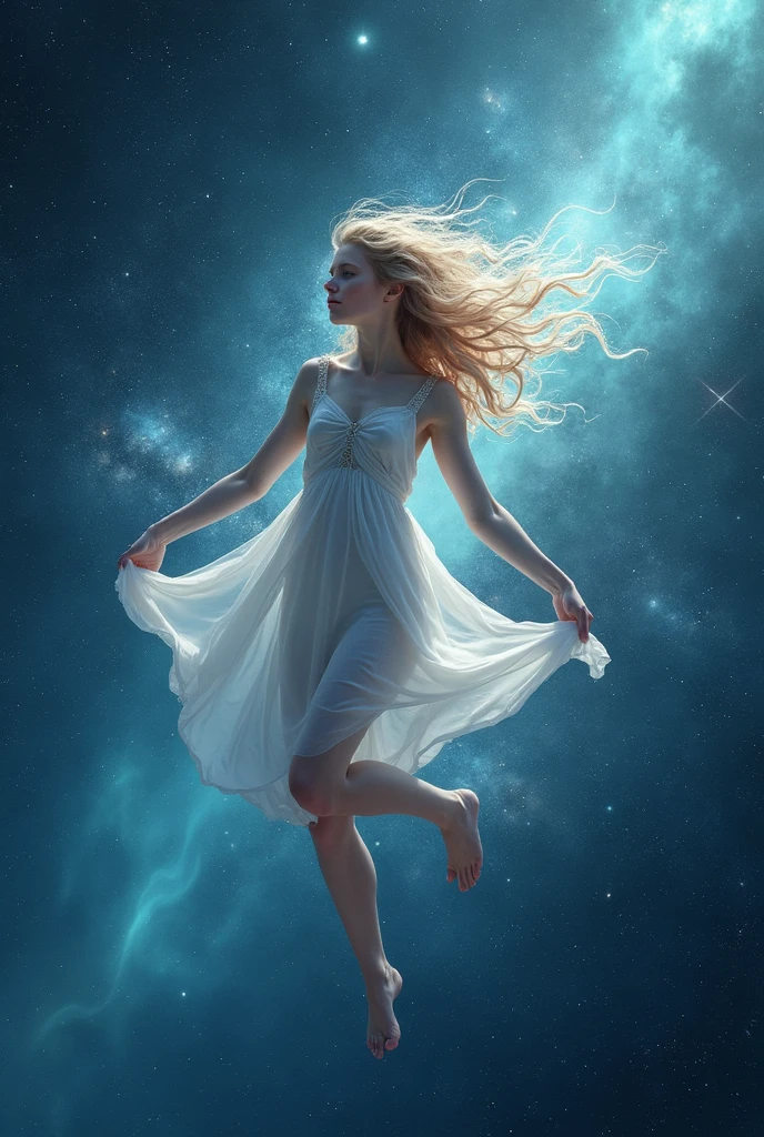 Skin naked white skinny girl. soars in space. unreal skinny long legs. Galaxy Magic, Magic flies to its full height .white nude full body paint