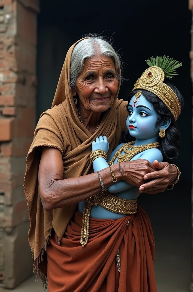 Generate an old cute couple around 60 years old Krishna sitting between them, on the girl's green saree written ramila and on boy's white t-shirt written Raghav, photo with bright colours