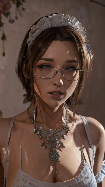 portrait, close-up, upper body. Short, red hair, green eyes, glasses with metal frames, uniform, girl . (masterpiece, top quality, best quality, official art, beautiful and aesthetically pleasing:1.2), extremely detailed,(fractal art:1.2),Colorful,The most detailed, (dynamic pose), (maid background:1.5), (many flowers:1.4). ((SPLIT. Skin texture, Shiny skin. elegance. photorealism. unreal engine. 3D model. Ultra high quality textures. high detail. permission 8k))