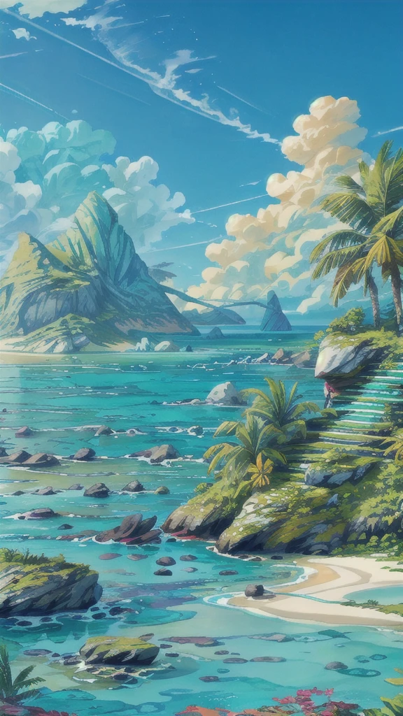 "A secluded tropical beach with turquoise water, surrounded by jagged rocks and lush greenery. The clear sky and vibrant colors make the scene feel peaceful and exotic."