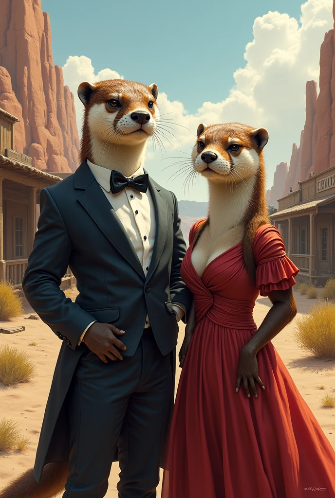 I would like two otters of different colors dressed formally..I would like it to be in a mature style, with the art in a fantasy and RPG style set in the Old West.