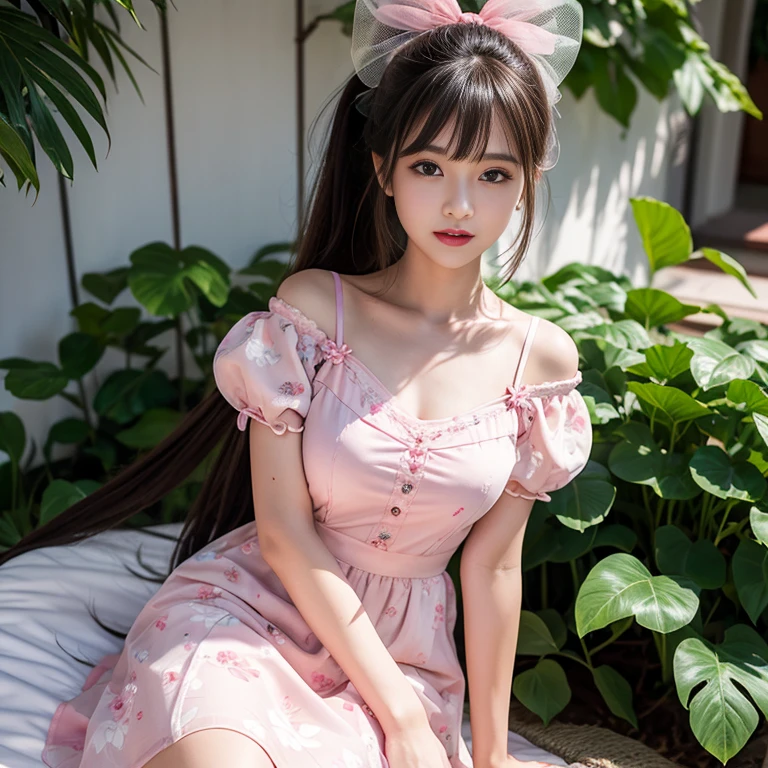 lolita1,dress,flower (best quality, masterpiece:1.2), tianfeng1, Extremely detailed, (Practical:1.37), beautiful, youth, Charming female model, sweet smile, Sweetheart girl, Warm colors, ((Full body view，Skin is firm and smooth)), ((Random scenes，Random shooting angles)), ((Elegant and natural gesture)), (big eyes, Exquisite eyes, Delicate lips, Exquisite eyes), Available in white and floral pattern, Show a bright smile, fit, Full breasts, ((Large Breasts)), Long legs, Create a stunning photo of a girl