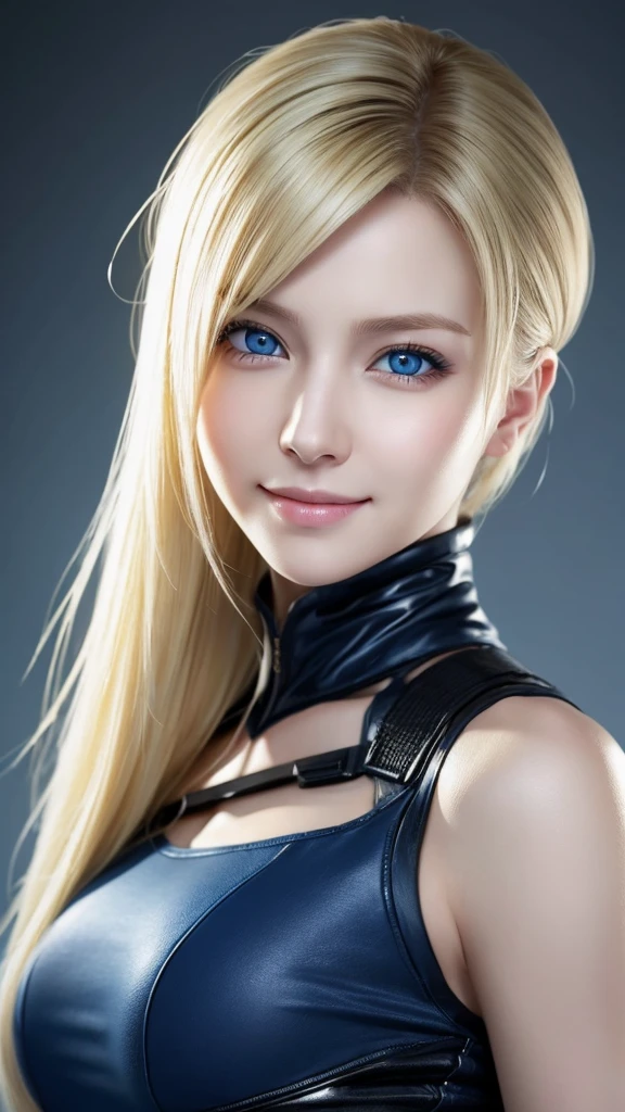 holding a pistol ,1 person、No sleeve、Ahegao、ponytail、blonde、amount、Blue Leather Shirt、Sara、No sleeve、best quality, super fine illustration,(((beautiful fine hair))),(((beautiful fine face))),(((beautiful fine background))),blue-black leather pants, silver zipper,belt below the waist,super fine illustration,(((beautiful fine hair))),(((beautiful fine face))),(((beautiful fine background))),normal small size,bangs bangs ,(((beautiful fine hair))),(((beautiful fine face))),(((beautiful fine background))),blond hair , showing forehead, silver center zipper, leather blue black bodysuit, sleevelesblue blacks, shiny, blonde ponytail