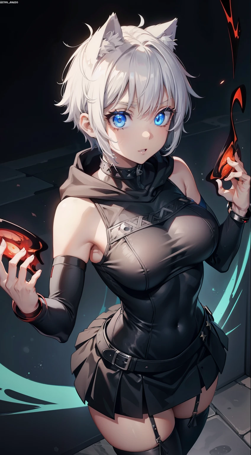 (Masterpiece, Side Light, Fine Beautiful Eyes: 1.2), (Masterpiece* Portrait), Portrait, (Bust), Realistic, Anatomically Correct, 3D Face, Sweet Skin, (Solo), Highlights, Gradient Hair, (Close-up of Face), Cute Face, (Fire Opal Like Scarlet Eyes), Hanging Eye Corner, ((High Detail Skin, Visible Pores)), (Perfect Figure), A Beautiful Girl, Small Breasts, ((on_shoulders), (Neck Ring), Very, very short short gloves, (chains)