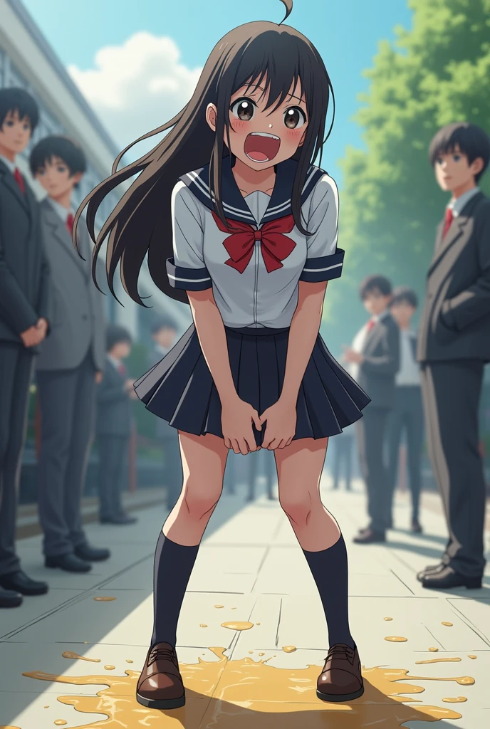 (((up skirt))), (), (((POOP)), (POOP)), (POOP)))), (Her defecation accident))))))), Concept, pee, peeing yourself, wet, wet, I have to pee, I have a pee stain, I have a pee stain on my black pleated skirt, Ashina Ashida, one girl, ((crying face)))), (black sailor suit), big pink hair ribbon, pee, pee yourself, wet, wet yourself, long bangs, black hair, embarrassed, blush, brown loafers, ( Standing in line with a large group of new students in the church for the entrance ceremony of the middle schoo(navy blue sailor suit), white socks, black hair, (lifting the skirt with hands), (wearing white cotton diapers), ((full body))