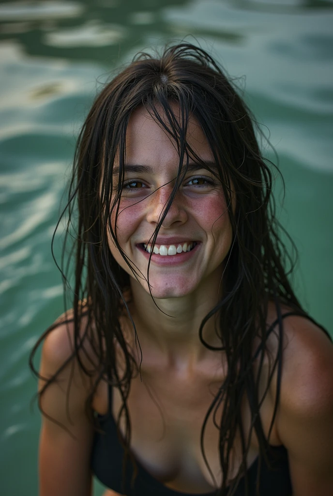 Underwater photography of a 24yo woman wearing nothing underwater, naked underwater, floating underwater, lovely body, nice breasts, huge dark bush, deep dark pubic hair, beautiful, smile, joyful, detailed skin, skin pores, photorealistic, best quality, high res, high contrast, very detailed