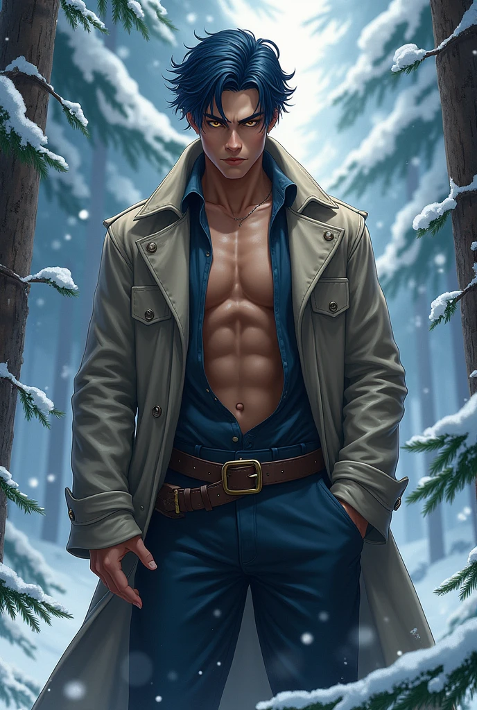 ((masterpiece)), absurdres, (top quality), detailed eyes, ((complex background)), 1man, young man, he is , smooth skin, a beautiful face,a god, ((glowing red eyes)),red eyes, black hair with silver tips (unruly hair), (((young, ))),((spike collar)),Long black fur coat, red t-shirt, black tactical pants, muscular, athletic,((cool look, badass)), athletic body, muscular, (marked veins throughout the body), ( sitting on a fallen log in a snowy forest ))big blue moon background,in a sky full of stars , (serious expression, looking at viewer), (bokeh, light particles), ((close up)), midjourney, He has a silver dagger in his hand, wise and gentle face. and with a watch eye, full body , detailed eyes ((realism)), His body exudes steam along with particles of red magic, the veins shine red