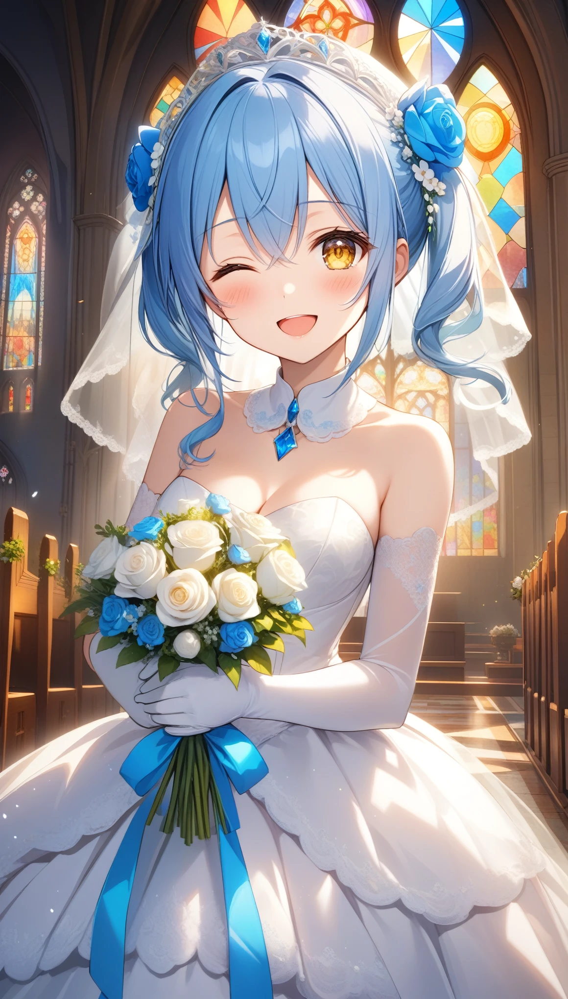 (highest quality,4K,8K,High resolution,masterpiece),1 person,super detailed,, straight, smiling,face focus, (,character_concentrated),beautiful girl,enchantment,fascinating,cheerfulness,Sacred,magic effect,light blue hair,Horn,(((wedding gown))),love eye rider dress,Sophisticated clothing,detailed lace,Bedroom,Lonely,in the middle of the night,lace pantyhose,Sacred縞模様,see-through transparent clothes,(bride, Wedding dress, bouquet,:1.3)church,ganyu Genshin