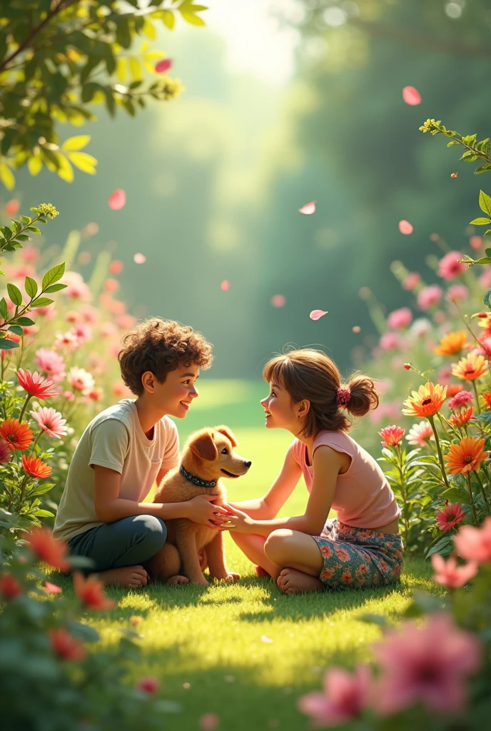 Use artificial intelligence to create an image with an abundance of details. The scene should depict a child joyfully playing with their dog in a garden adorned with a profusion of vibrant flowers and lush trees. Birds should be soaring through the sky, adding to the lively and cheerful atmosphere of the moment. Ensure that you capture the exuberance and liveliness of the interaction between the child and their beloved pet, as well as the natural beauty of the blossoming garden, down to the finest intricacies.
