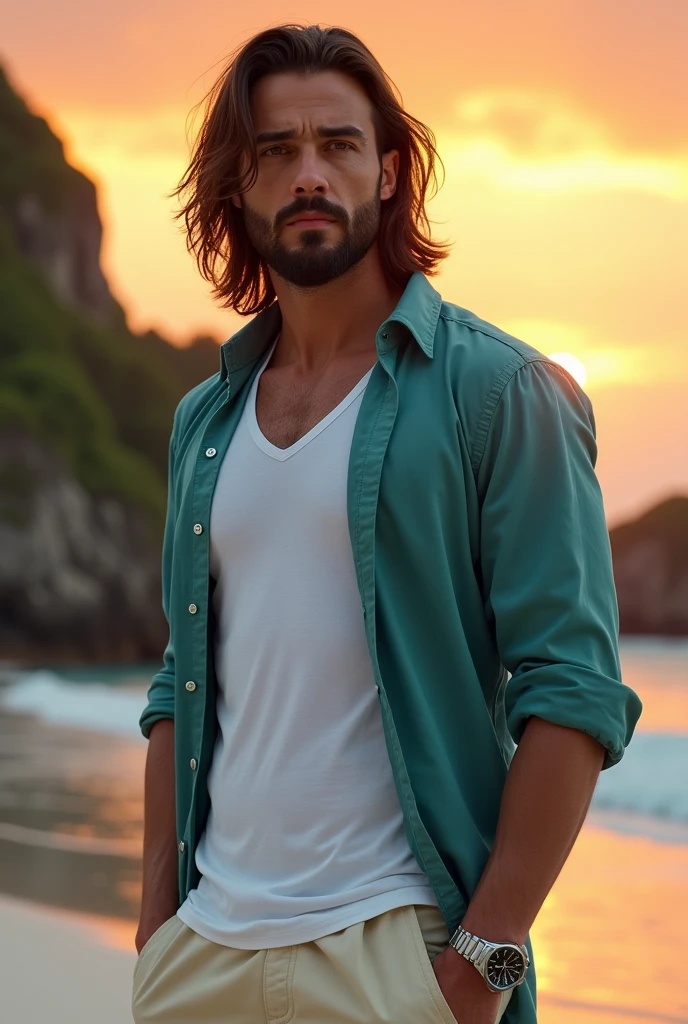 Photography in the style of Mario Testino of an insanely handsome Brazilian man, honey eyes, short messy light brown hair, flipping hair, closeup zoomed in tight crop portrait, walking down a (paradisiacal beach scene:1.2) wearing a (linen pants no shirt:1.3) (beach slippers on his hand:1.3) (Lighting-Gold:1.2) foreground objects background details (masterpiece:1.2) (photorealistic:1.2) (bokeh:1.2) (best quality) (color grading) (detailed skin:1.3) (intricate) (8k) (HDR) (cinematic lighting:1.3) (sharp focus), messy hair, in the style of Mario Testino