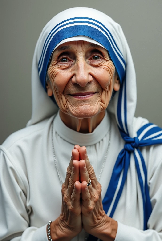 Crea una imagen inspiradora de la Madre Teresa de Calcuta, Reflecting His Compassion, Kindness and dedication to helping those most in need.
Mother Teresa will be portrayed in her characteristic white and blue habit, with a look full of love and compassion towards others.
The background of the image will be a scene in which Mother Teresa is surrounded by people in need., as children, enfermos o personas sin hogar, representing their dedication and selfless service to the most vulnerable.
Lighting will be soft and warm, resaltando los rasgos de la Madre Teresa y las expresiones de gratitud en los rostros de las personas a quienes ayuda.
Uses post-production techniques to enhance colors and atmosphere, but make sure you maintain a realistic and authentic look that captures the essence of Mother Teresa..
The goal is to create an inspiring image that conveys the altruistic and kind spirit of Mother Teresa., and that motivates viewers to follow his example of love and service to others.
This image will be ideal to be used in posters, portadas de libros o cualquier otro medio que desee rendir homenaje a la extraordinaria vida y obra de la Madre Teresa de Calcuta