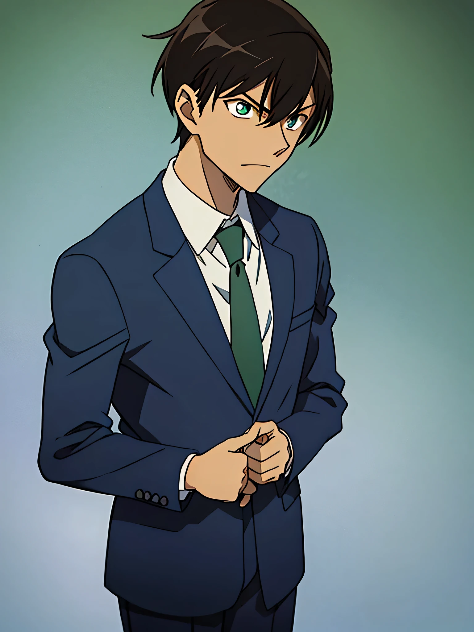 Yagami light, solo, dark blue suit, green necktie, dark blue slack,green eye, classroom background,